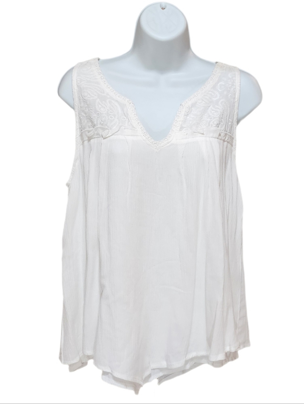 Democracy Sleeveless V-Neck Layered Woven Top Embroidered Yoke Boho Off White M